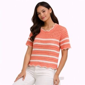 GAP Striped Knit Scalloped Short Sleeve Sweater | Size M